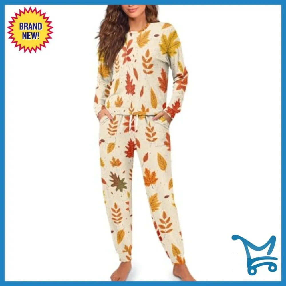 Long Sleeve Pajama Set with Pockets, Polyester Blend, Relaxed Fit, Size Medium